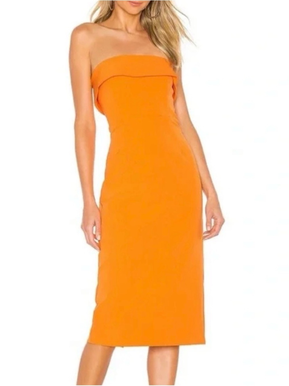 Bardot Strapless Orange Midi Dress